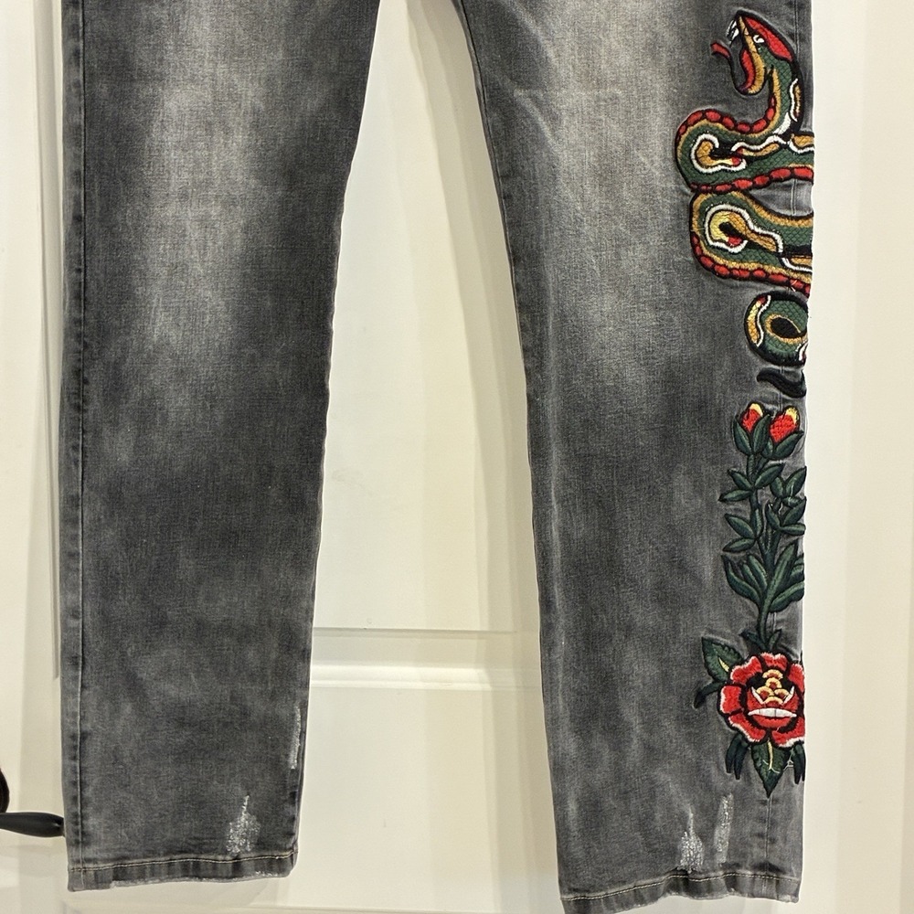 Grindhouse Black Jeans Size 38x31 Y2K Embroidered Roses Snake Grunge  Streetwear - Picture 4 of 14